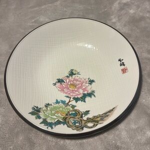 VTG FAMILLE ROSE 9 1/4" D. PORCELAIN CHINA SATIN/MATTED BOWL SILVER TRIMMED RIM